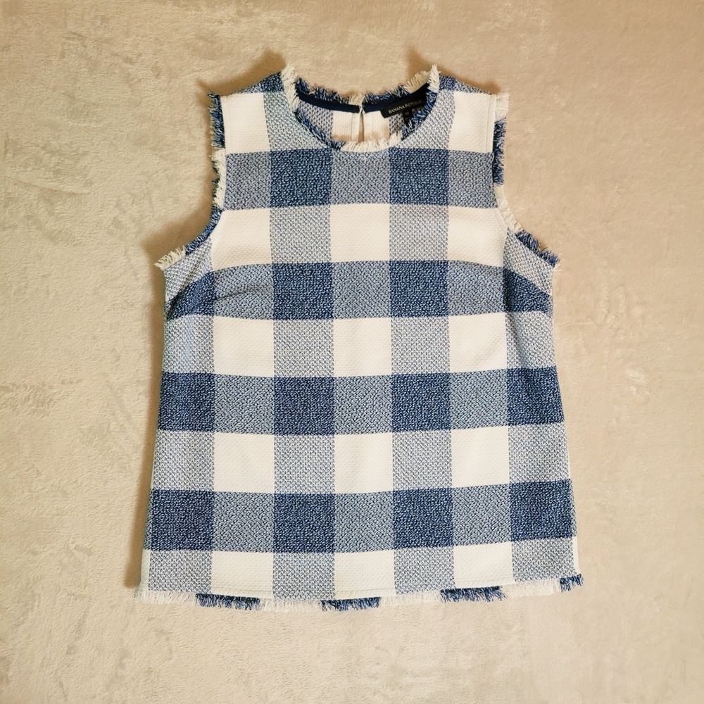 Banana Republic Navy And White Buffalo Check Sleeveless Top With Fringe Medium